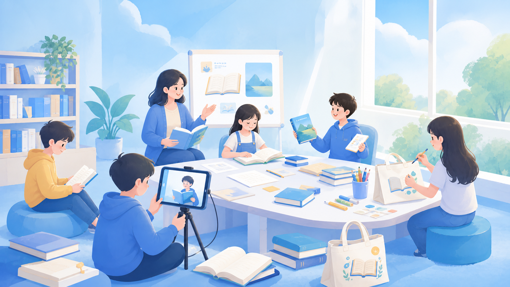 师生开展阅读课堂实践的插画