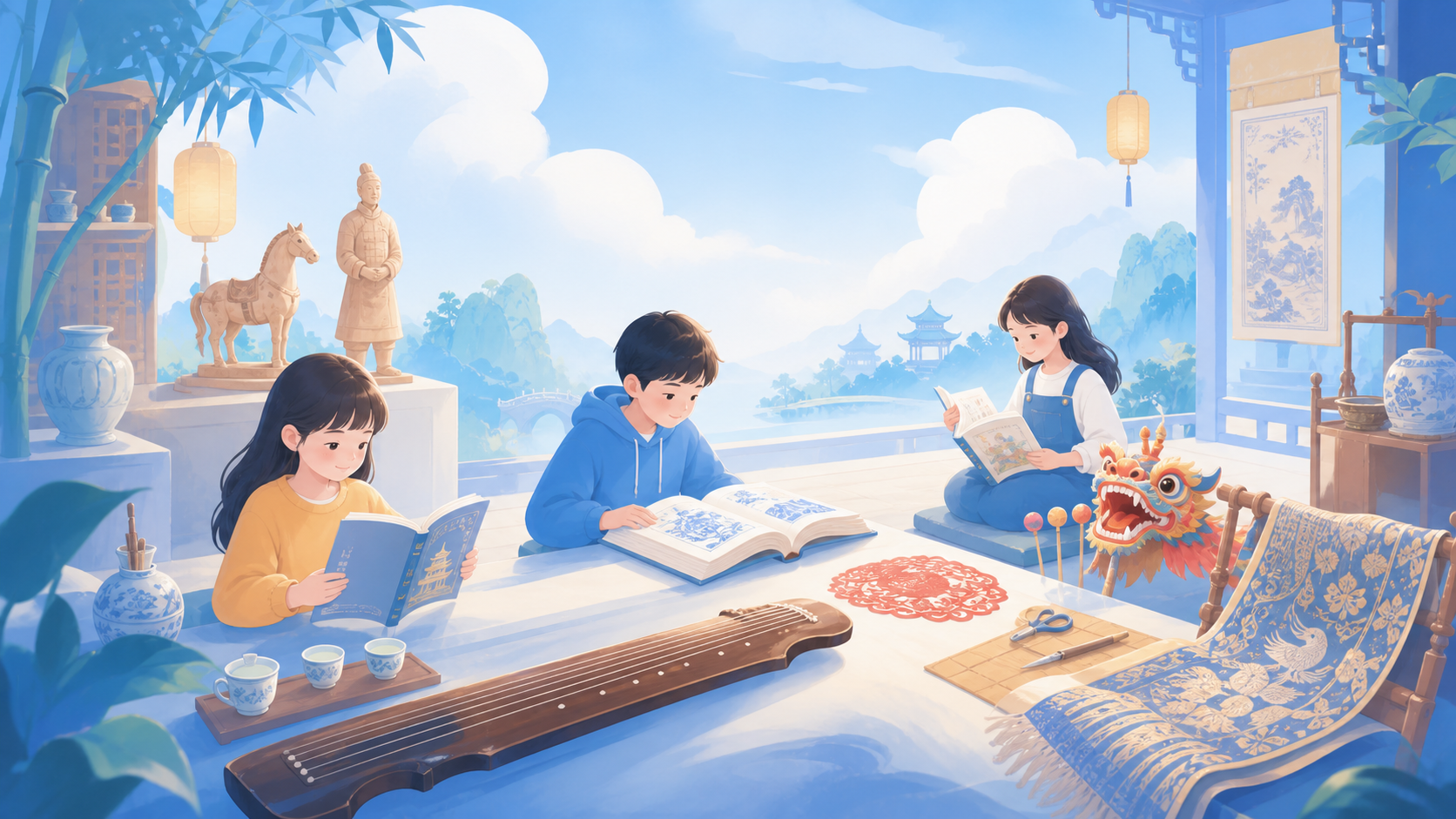 青年阅读中华文化主题书籍的插画